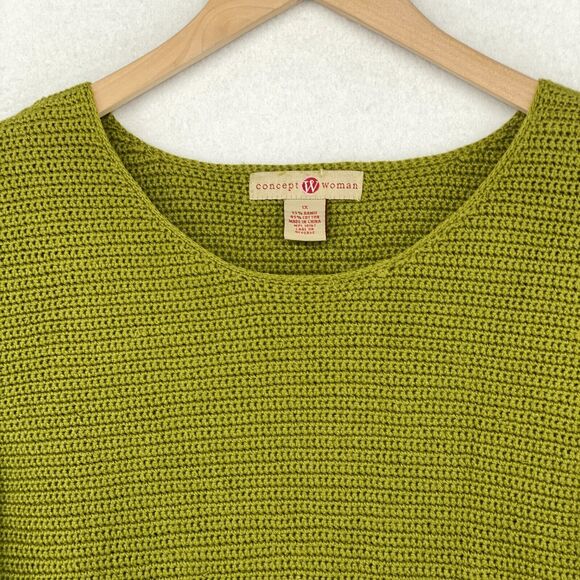 CONCEPT WOMAN Sweater 1X Ramie Cotton Crochet Jumper 3/4 Sleeve Pullover Green - Picture 4 of 11